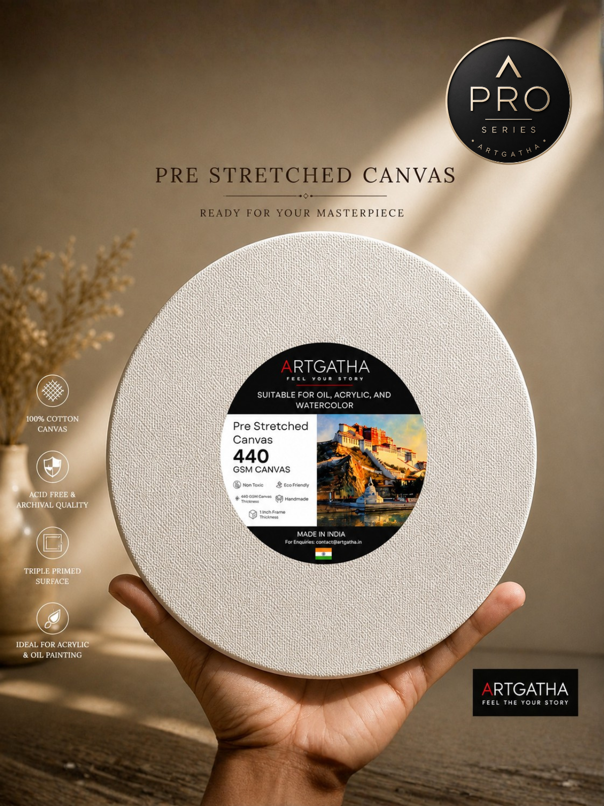 Pro Series Round Professional 440 GSM Pre-Stretched Canvas