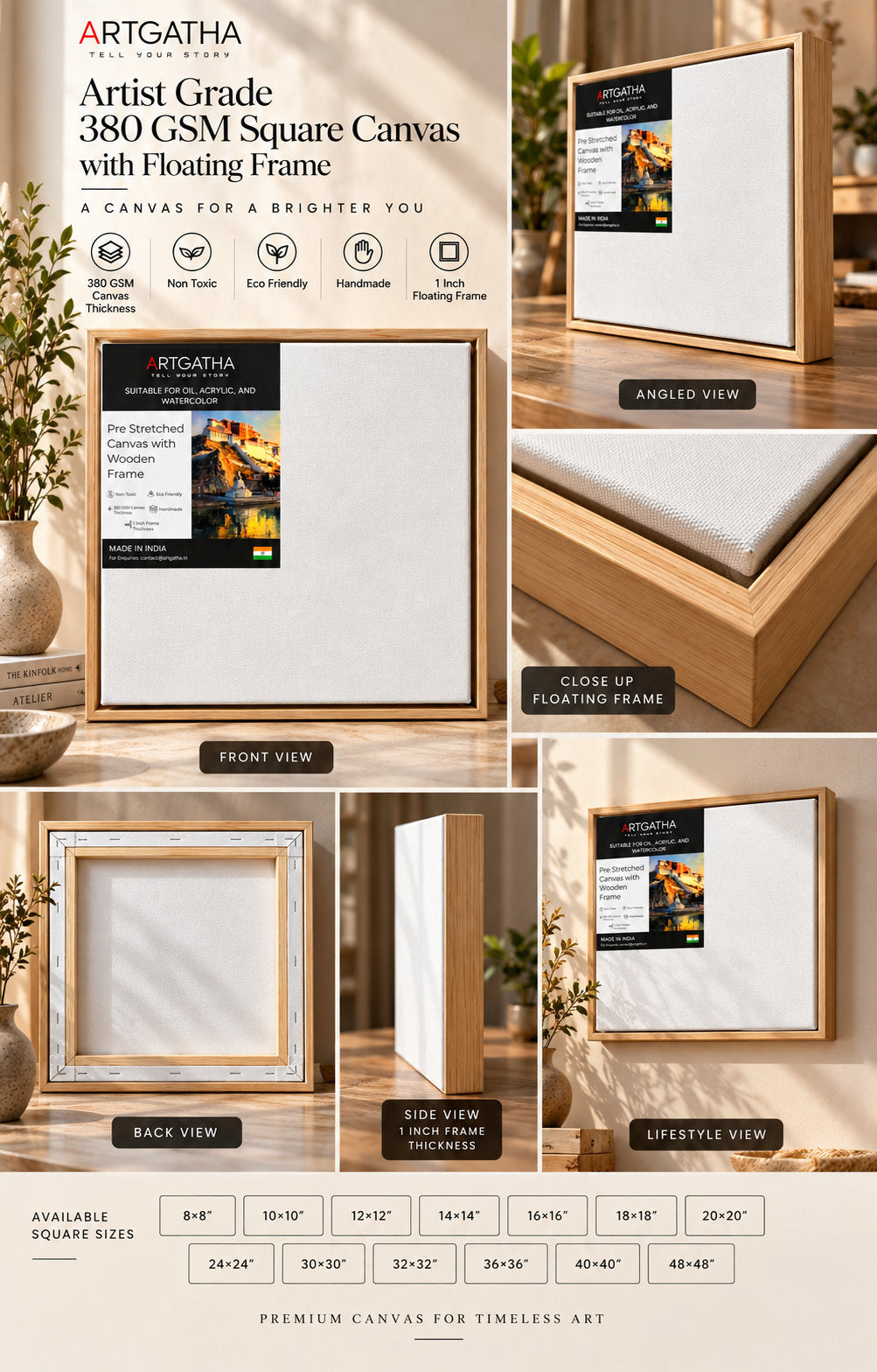 Artist Grade 380 GSM Square Canvas with Floating Frame