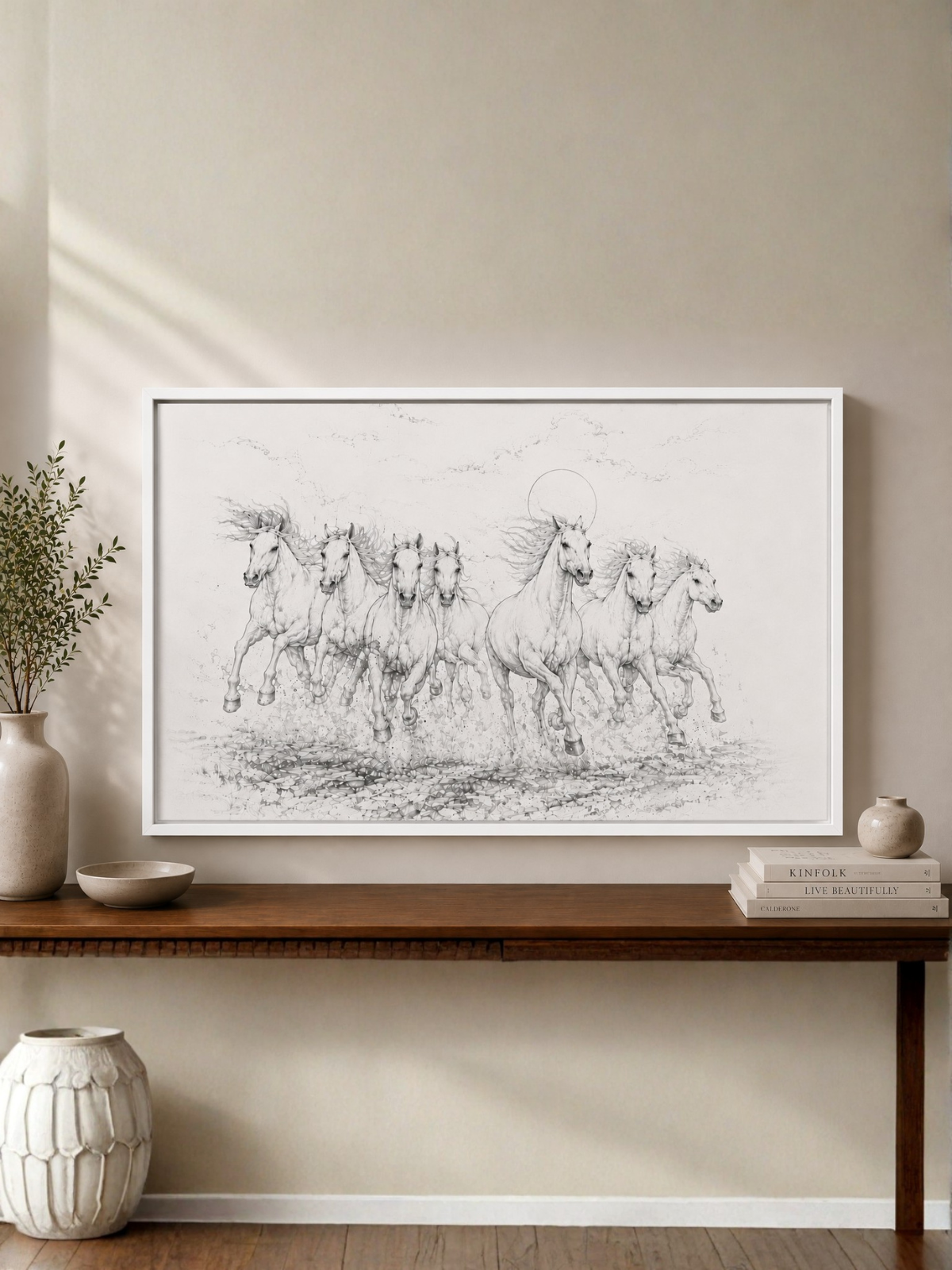 7 White Horses in Modern Abstract Canvas Kit.