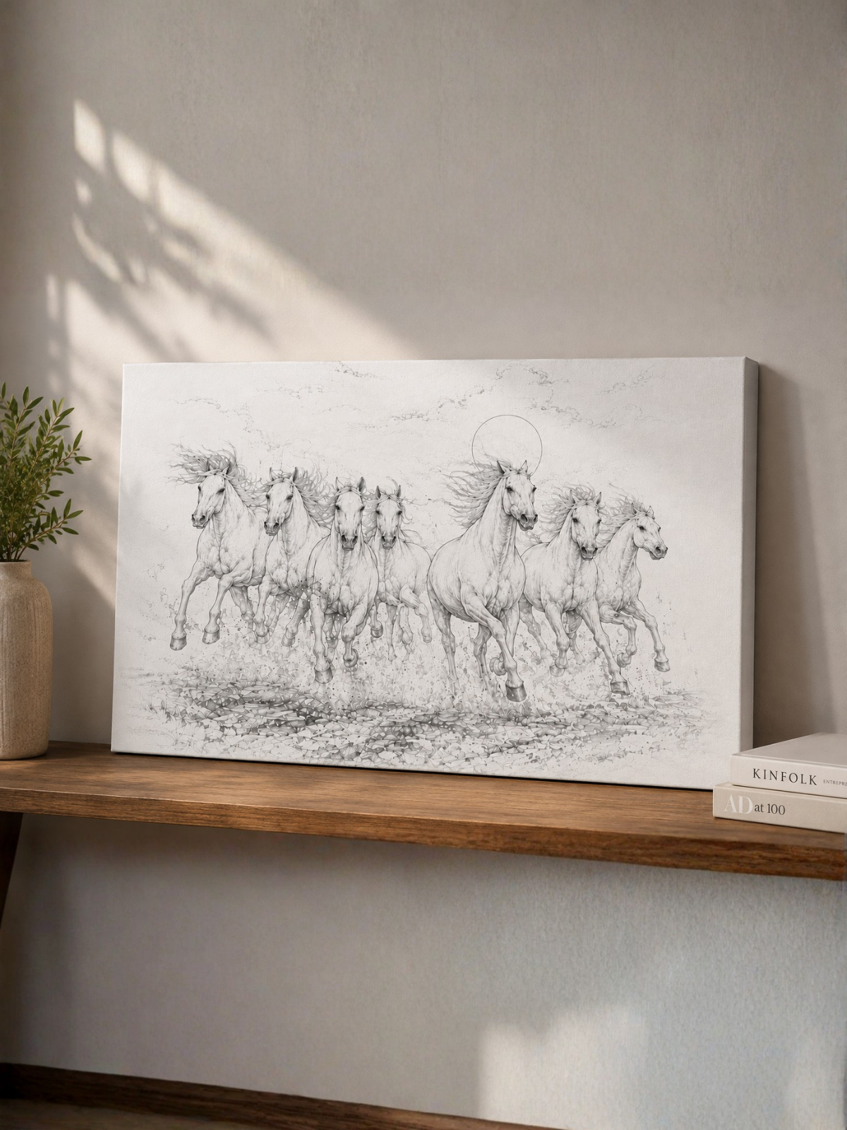7 White Horses in Modern Abstract Canvas Kit.
