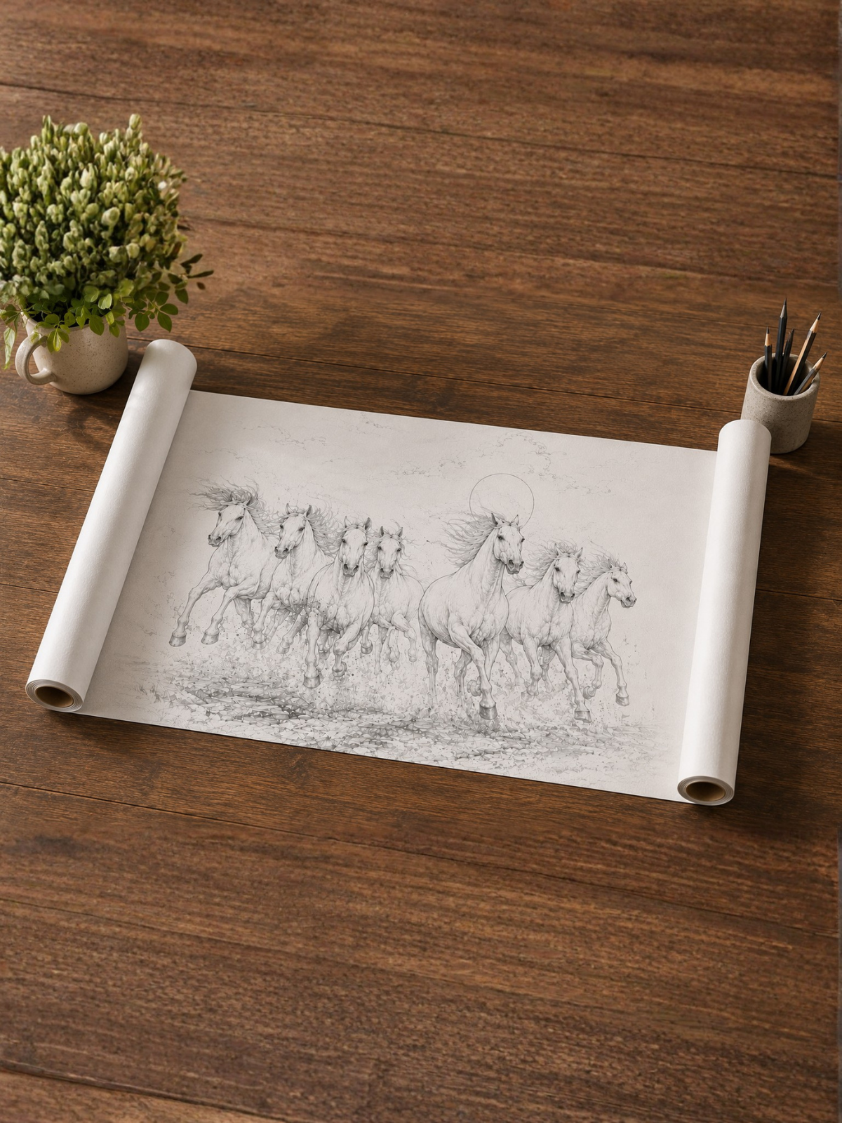 7 White Horses in Modern Abstract Canvas Kit.