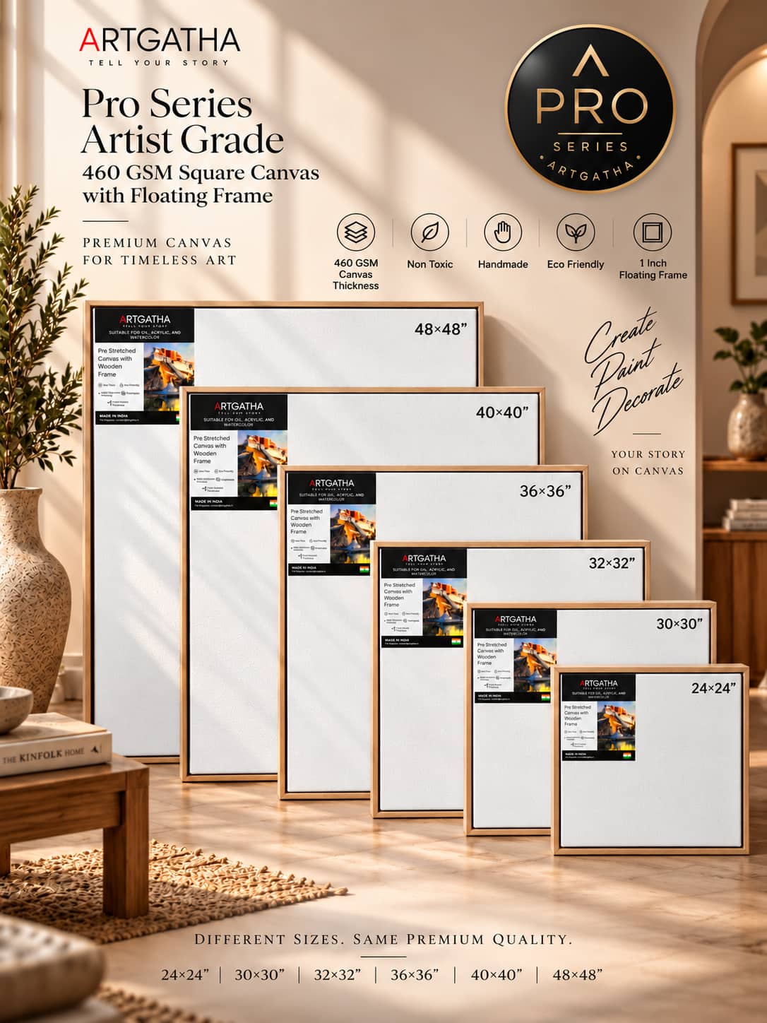 Pro Series Artist Grade 460 GSM Square Canvas with Floating Frame
