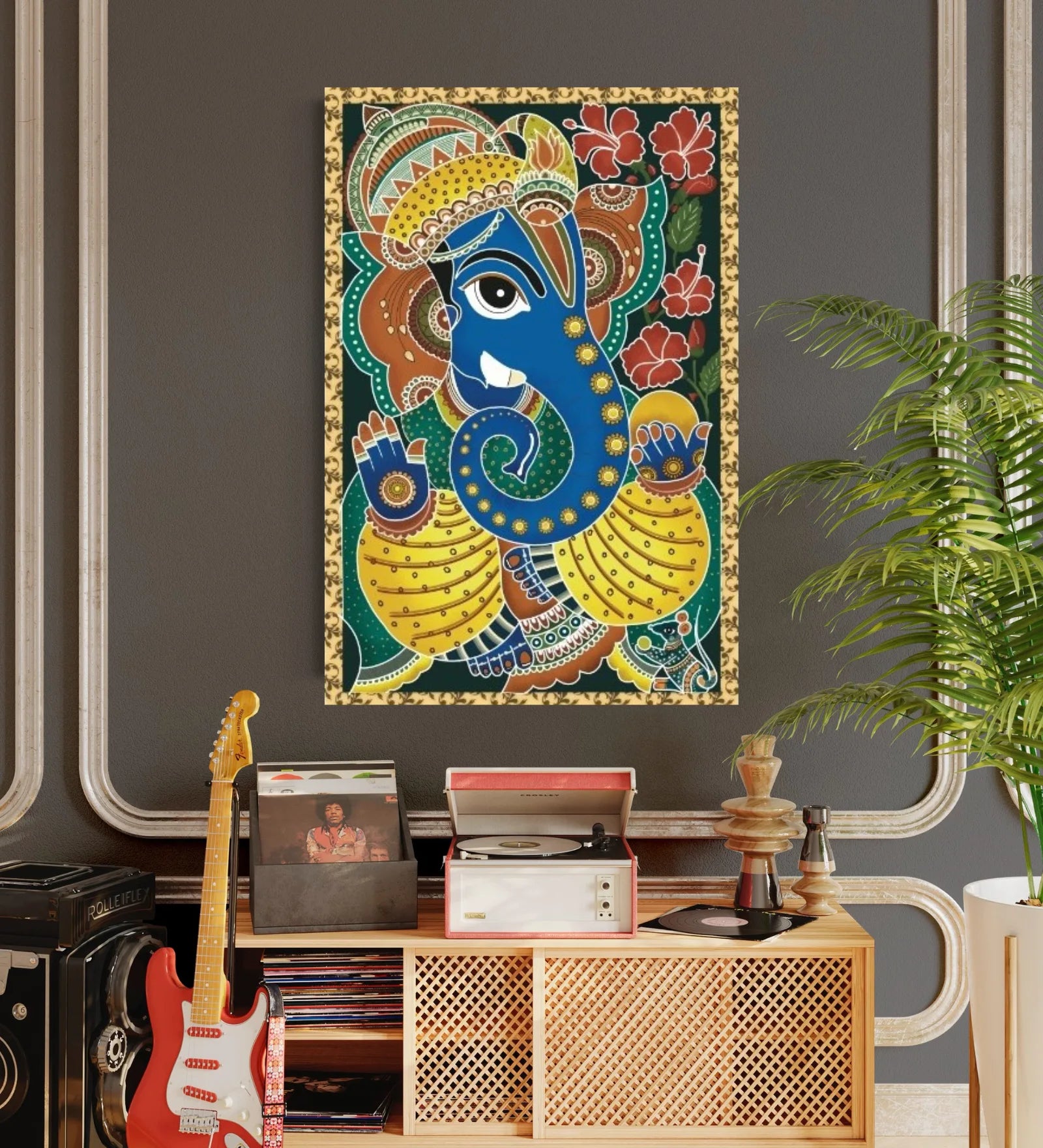 Lord Ganesha Madhubani Art Pre-Drawn Canvas Painting for Coloring | 12 Free Colors & Brush Included
