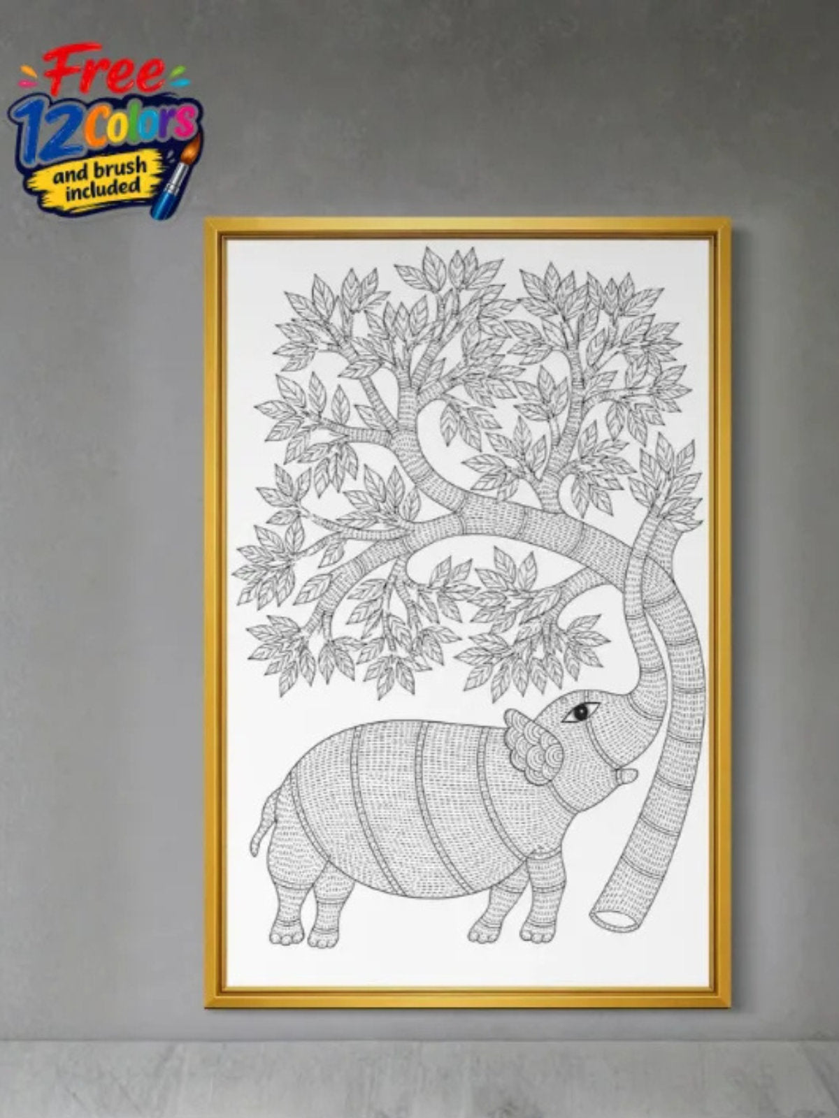 Elephant under tree Gond Art Pre-Drawn Canvas Kit