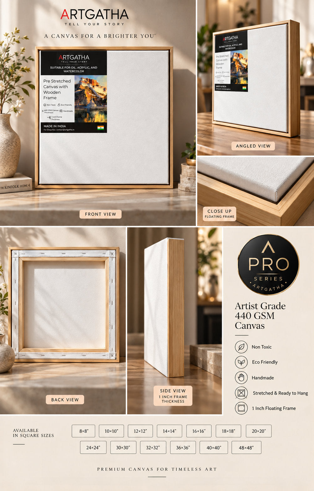 Pro Series Artist Grade 440 GSM Square Canvas with Floating Frame