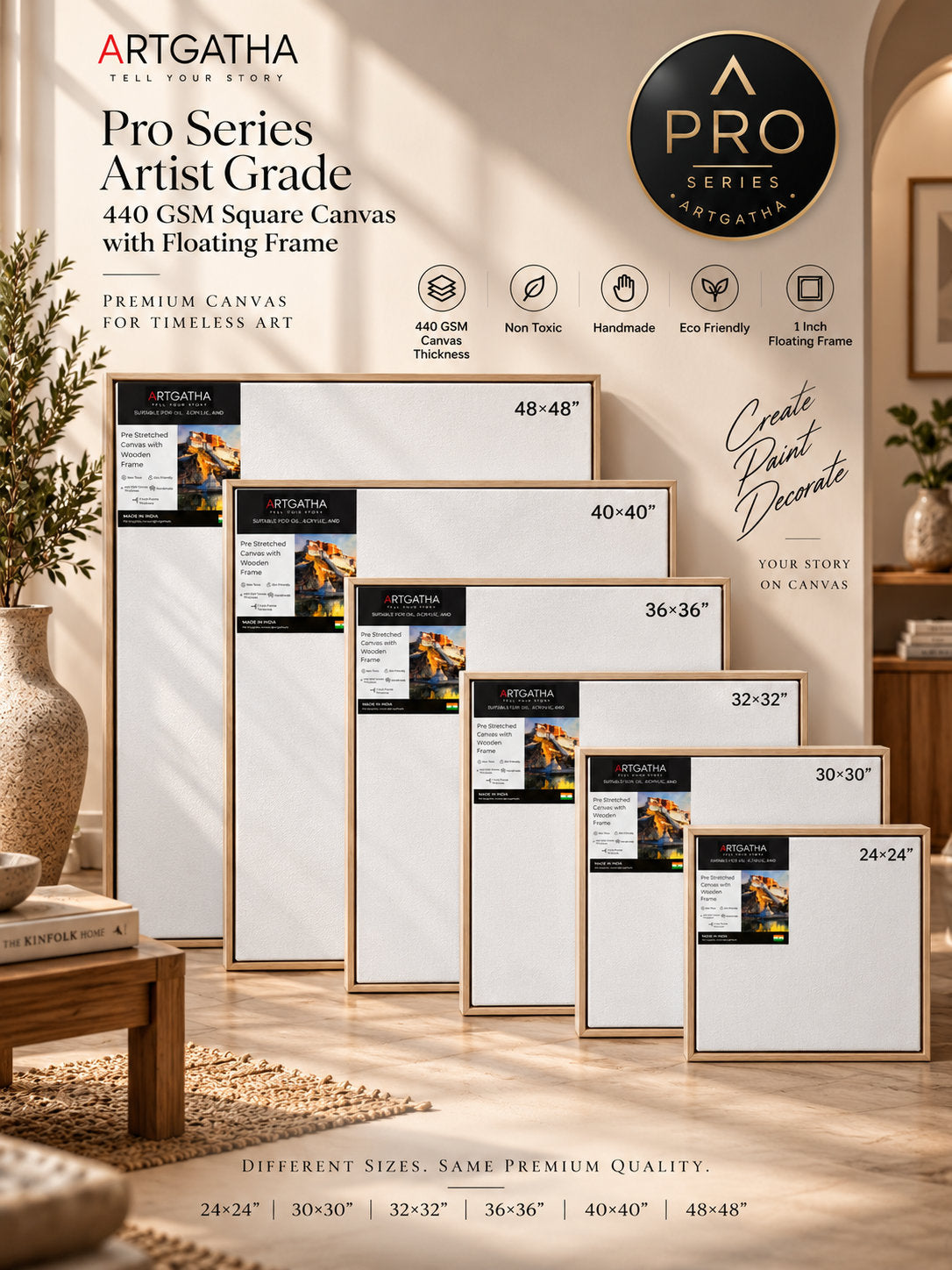 Pro Series Artist Grade 440 GSM Square Canvas with Floating Frame