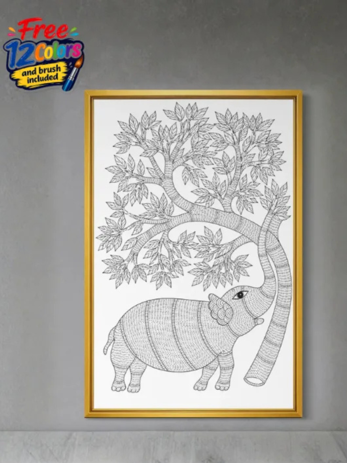 Elephant under tree Gond Art Pre-Drawn Canvas Kit