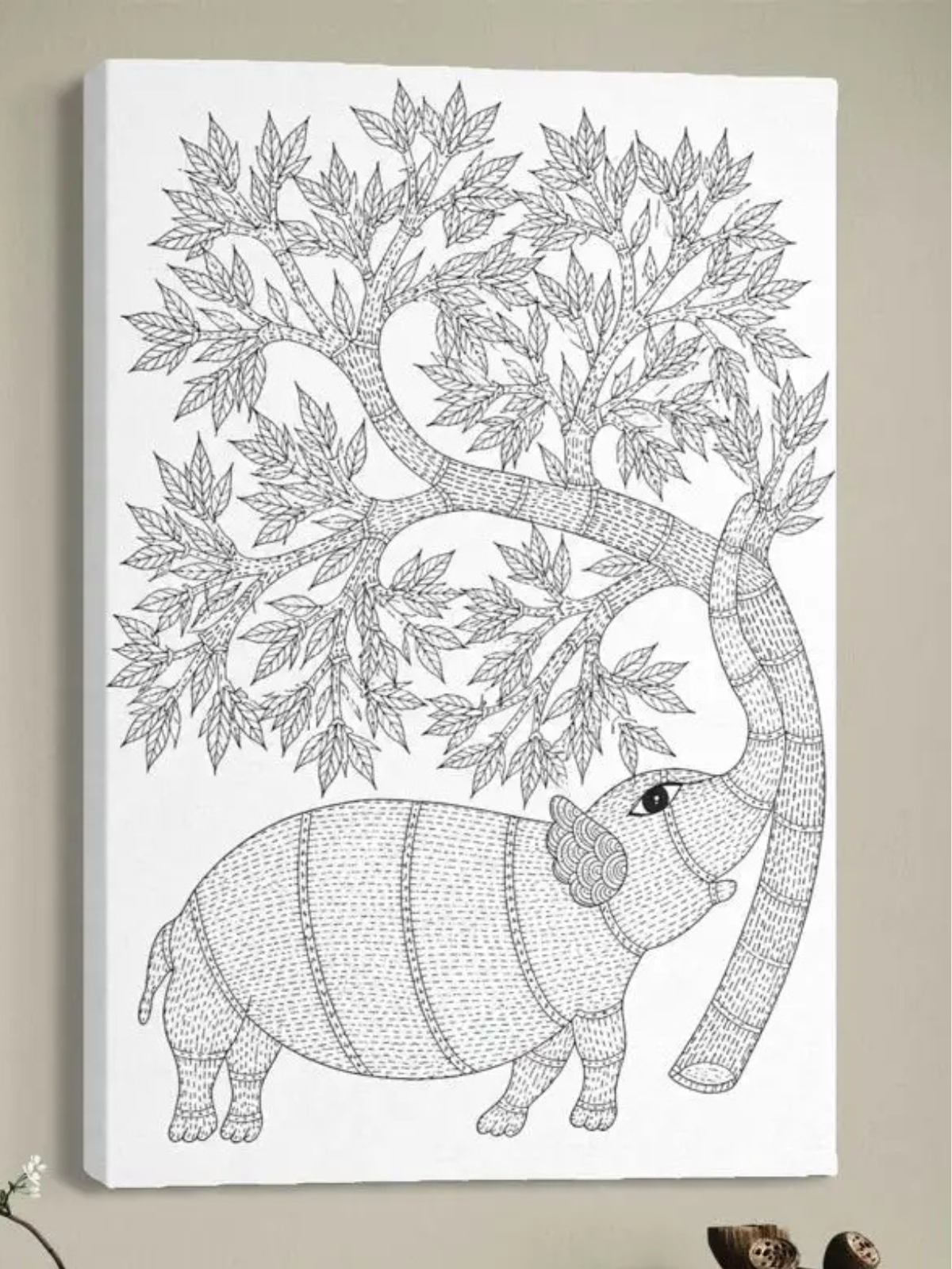 Elephant under tree Gond Art Pre-Drawn Canvas Kit