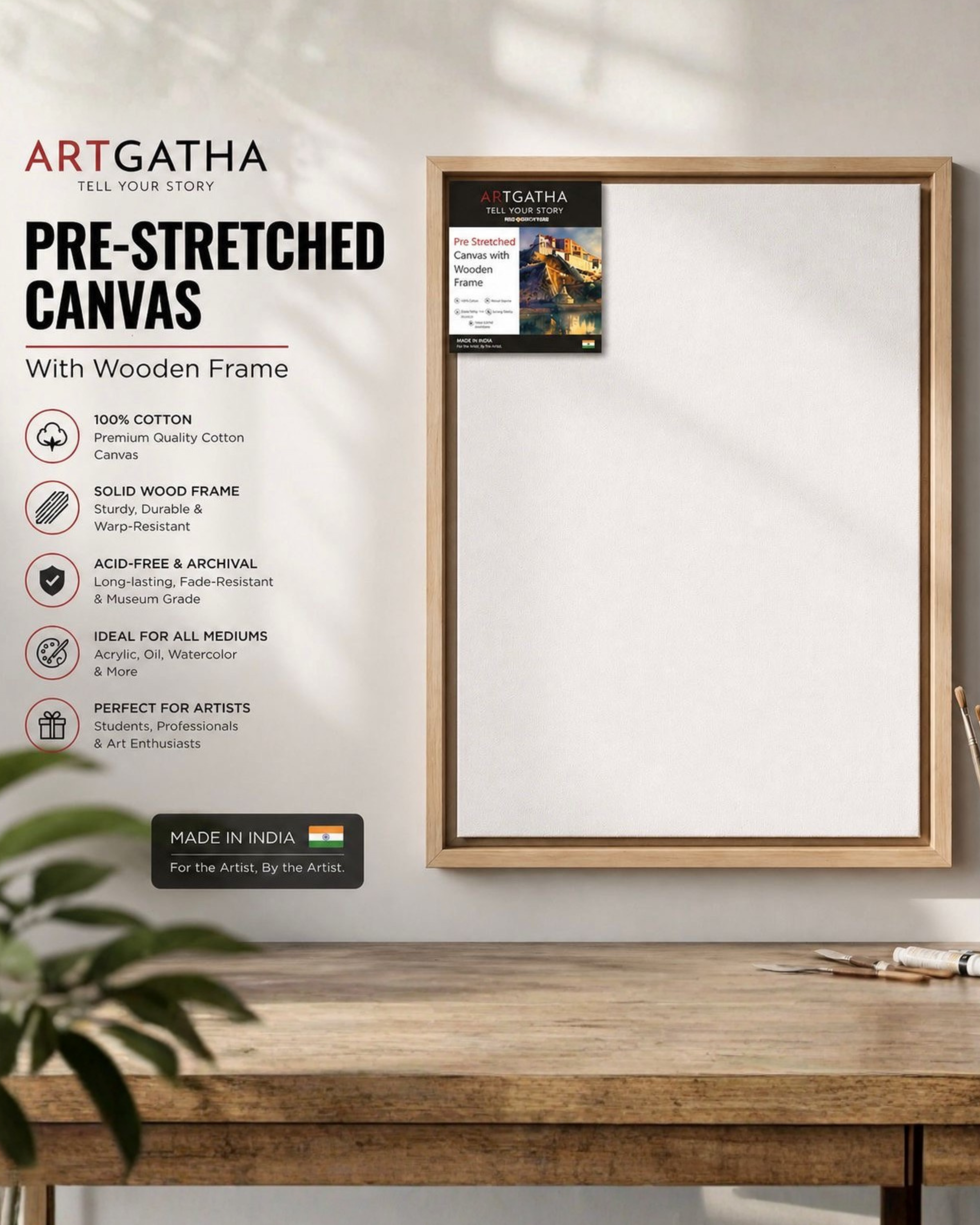 Professional Pre-Stretched Canvas with Solid Wood Floating Frame | 380 GSM (11 Oz), 100% Cotton, Artist Grade | Multiple Sizes