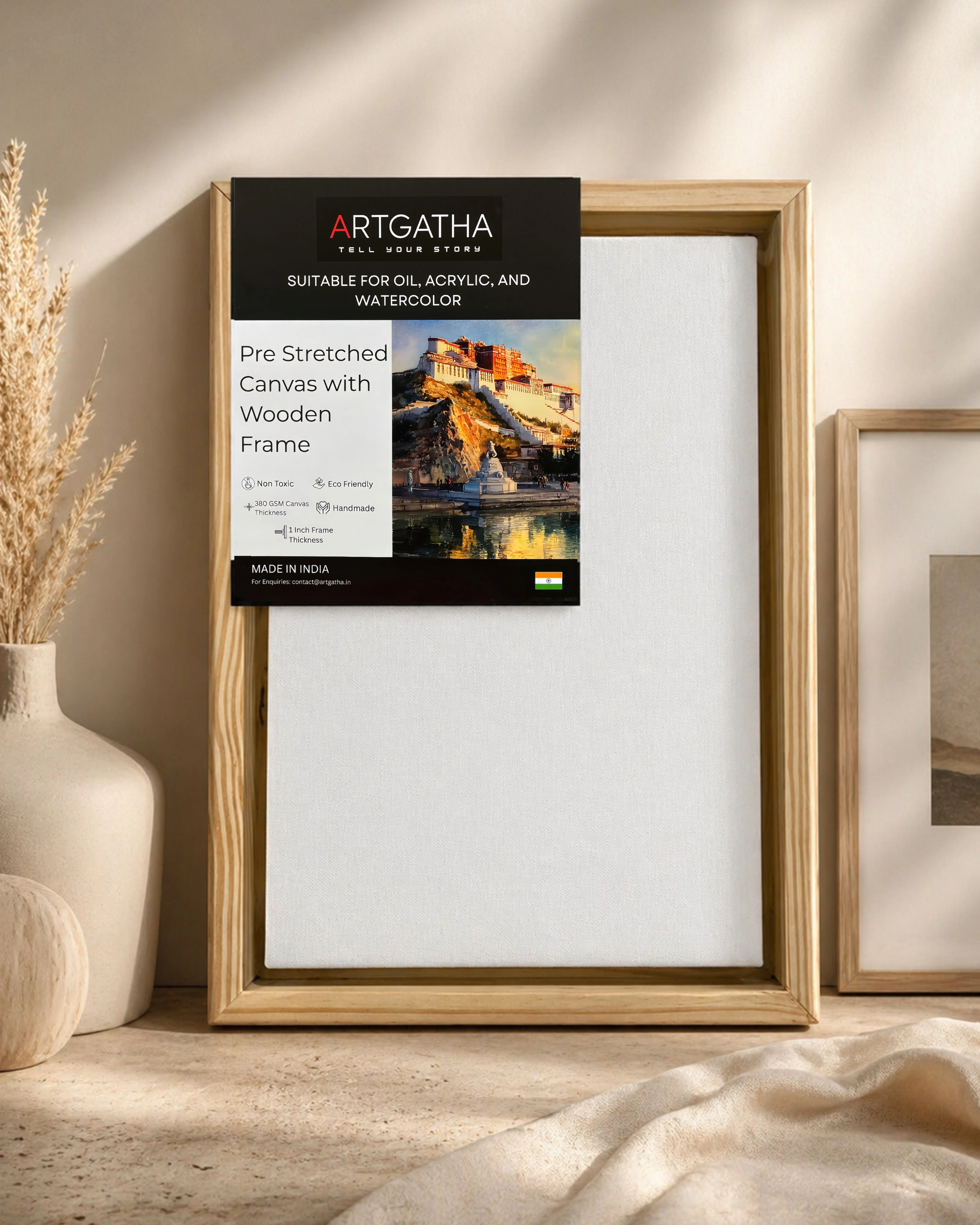 Professional Pre-Stretched Canvas with Solid Wood Floating Frame | 380 GSM (11 Oz), 100% Cotton, Artist Grade | Multiple Sizes