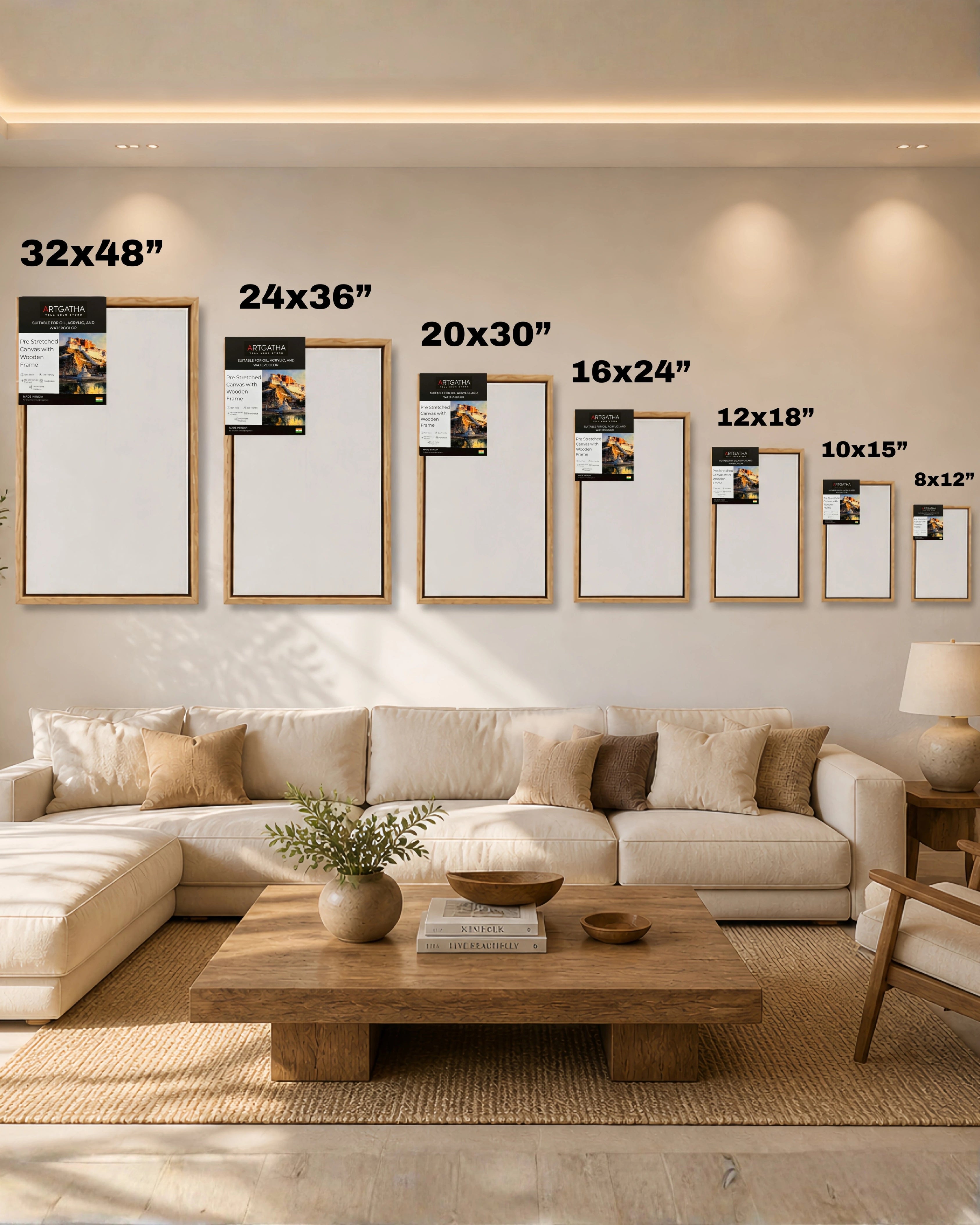 Professional Pre-Stretched Canvas with Solid Wood Floating Frame | 380 GSM (11 Oz), 100% Cotton, Artist Grade | Multiple Sizes