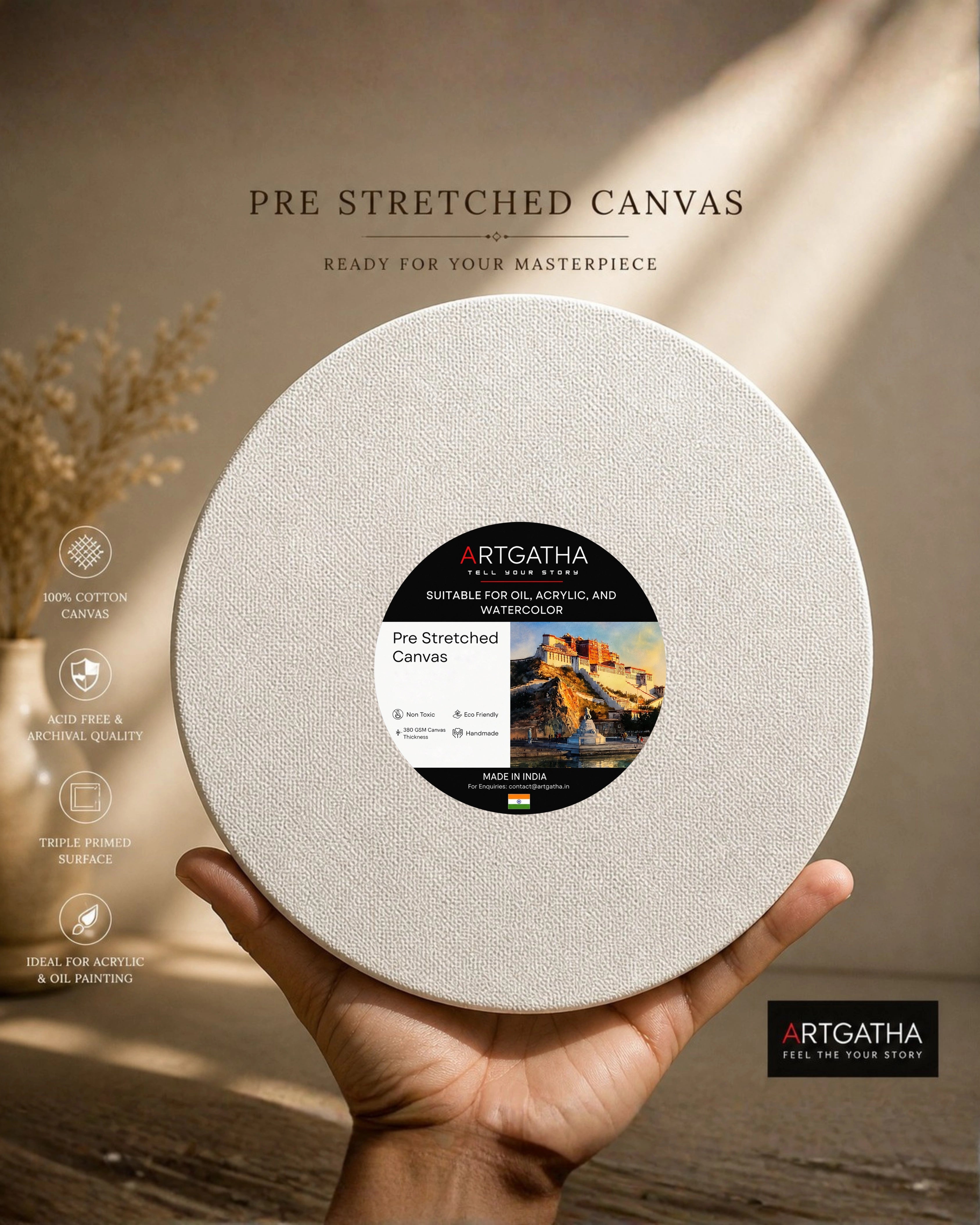 Round Professional Pre Stretched Canvas 380 GSM (11 Oz) | 100% cotton | Artist Grade | Multiple Sizes