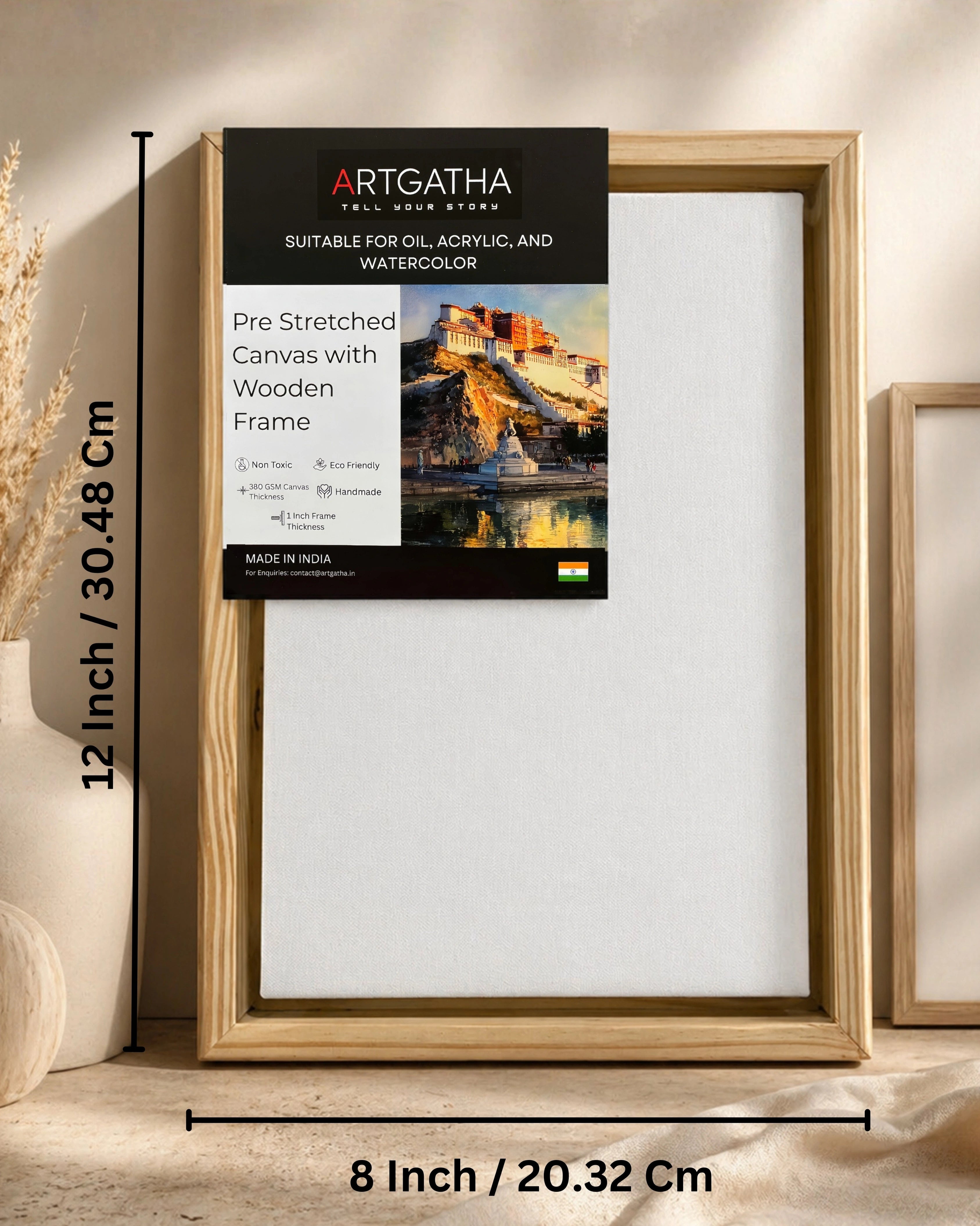 Professional Pre-Stretched Canvas with Solid Wood Floating Frame | 380 GSM (11 Oz), 100% Cotton, Artist Grade | Multiple Sizes
