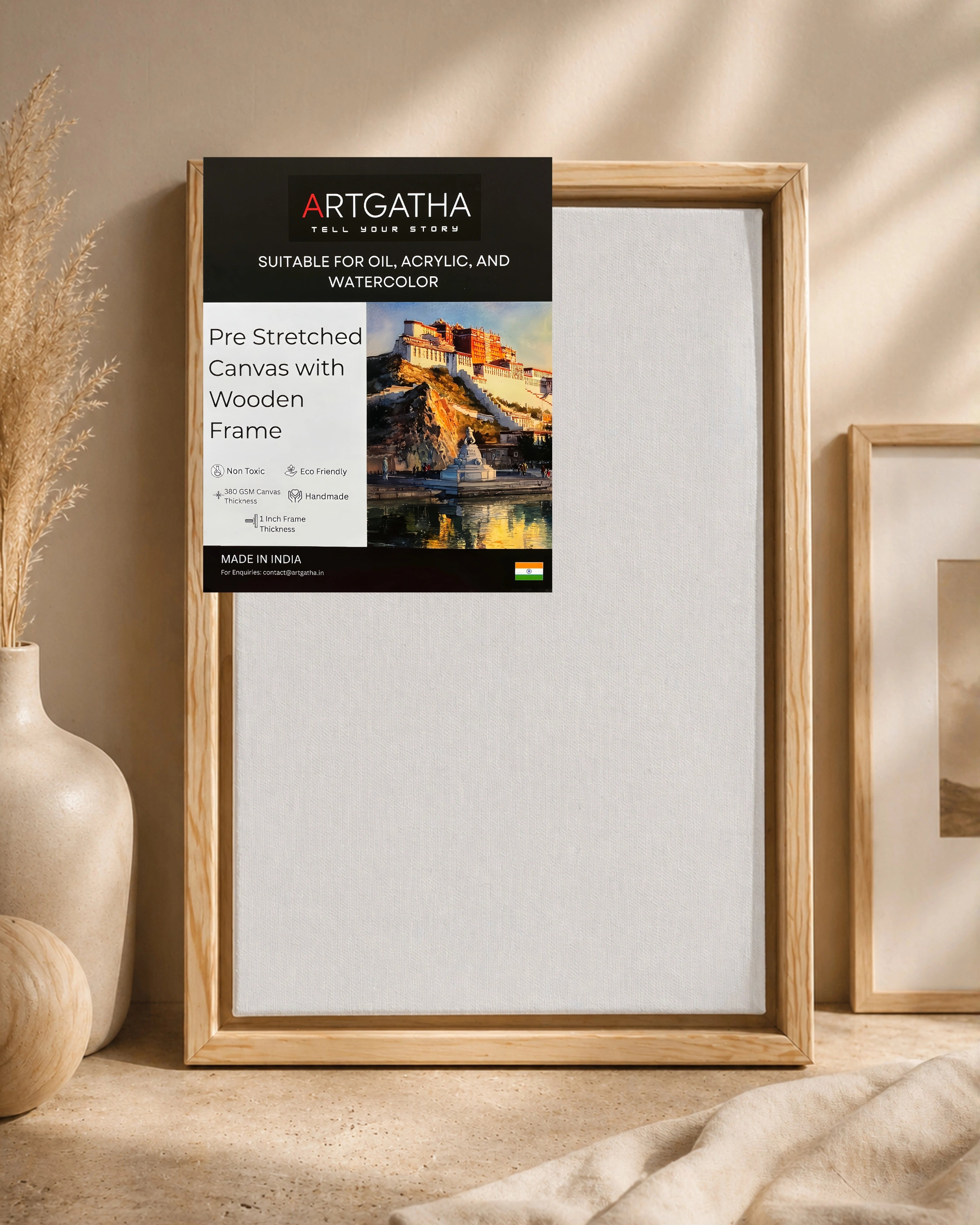 Professional Pre-Stretched Canvas with Solid Wood Floating Frame | 380 GSM (11 Oz), 100% Cotton, Artist Grade | Multiple Sizes