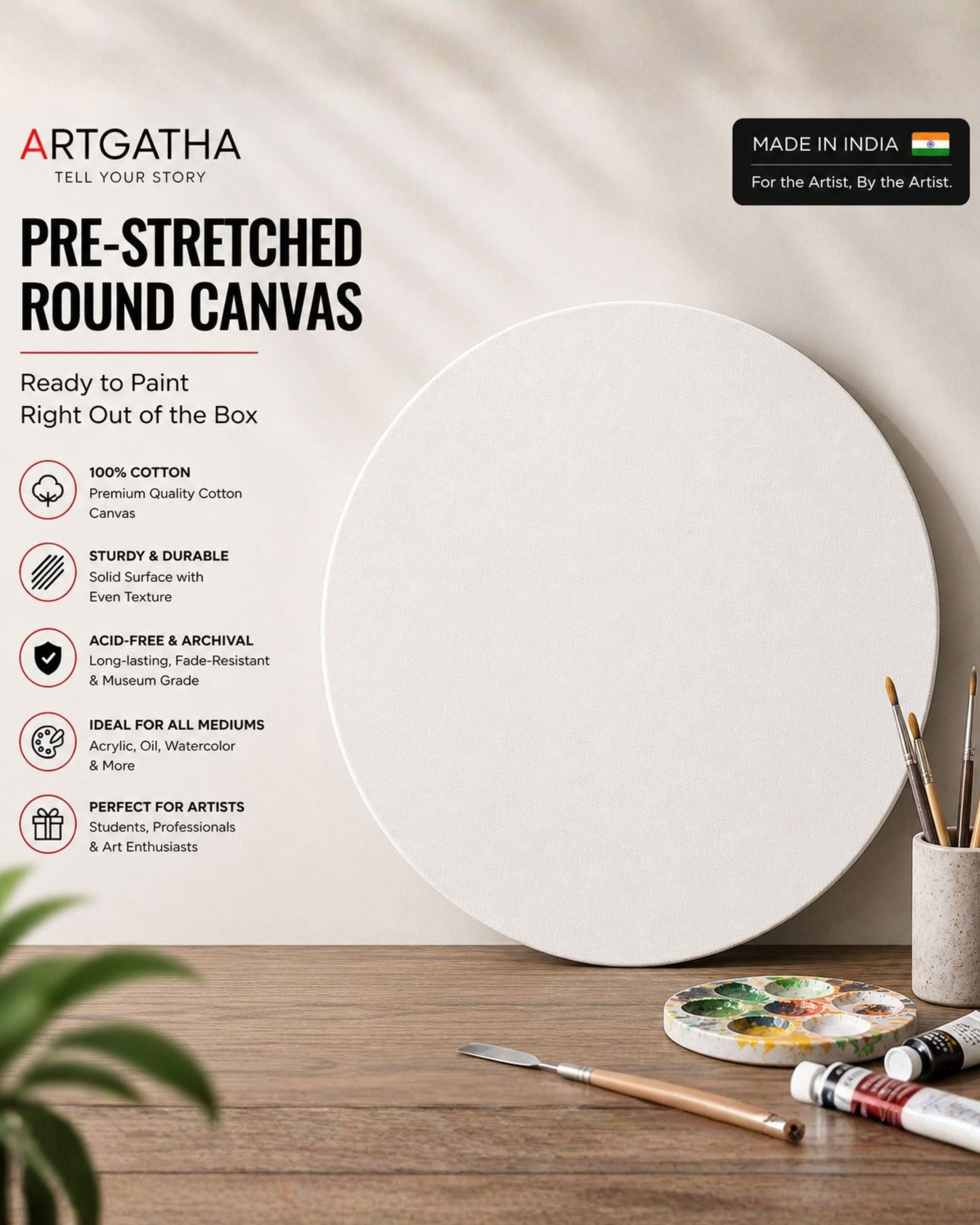 Round Professional Pre Stretched Canvas 380 GSM (11 Oz) | 100% cotton | Artist Grade | Multiple Sizes