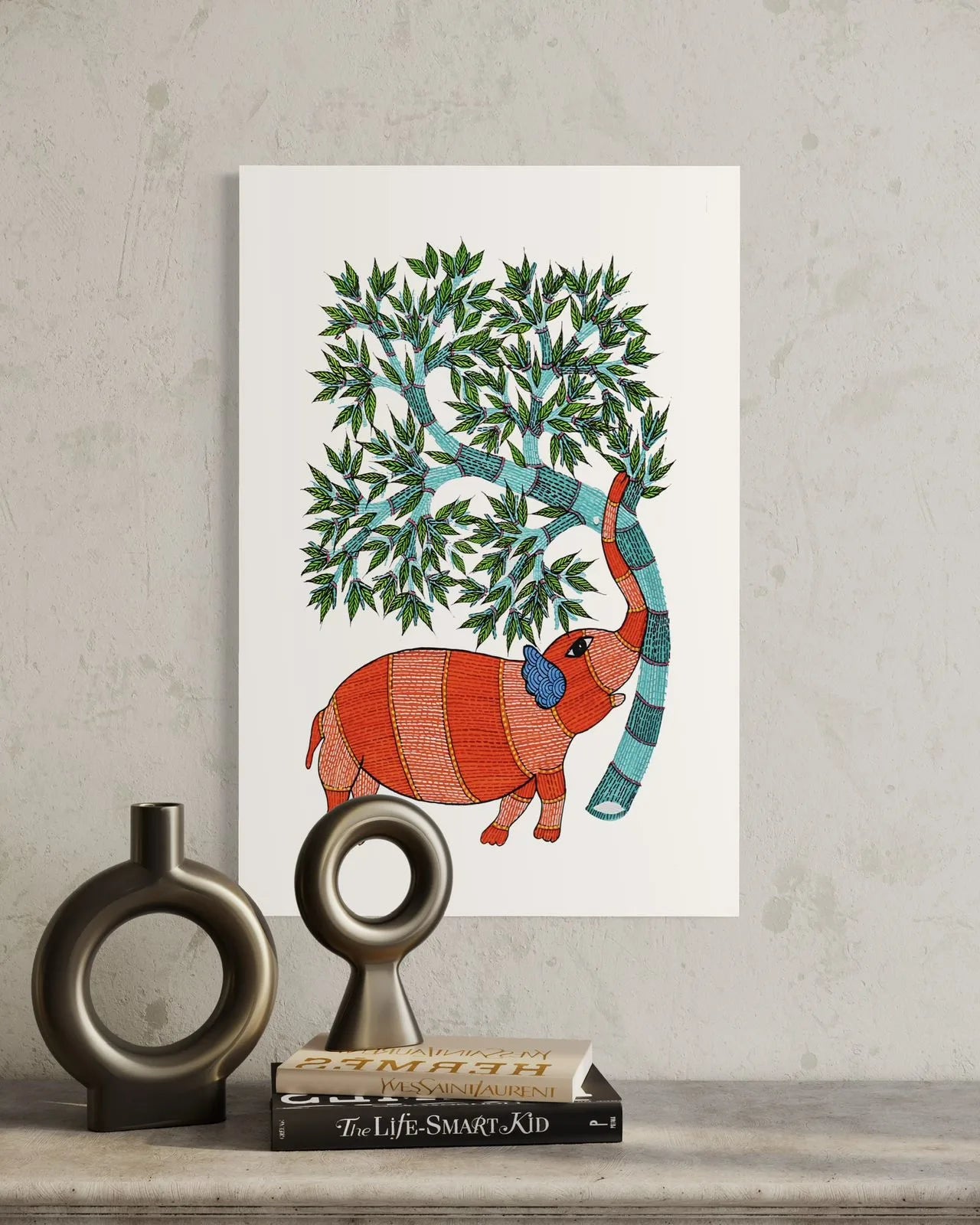Elephant with a Tree Gond Art Pre-Drawn Canvas Painting for Coloring | 12 Free Colors & Brush Included