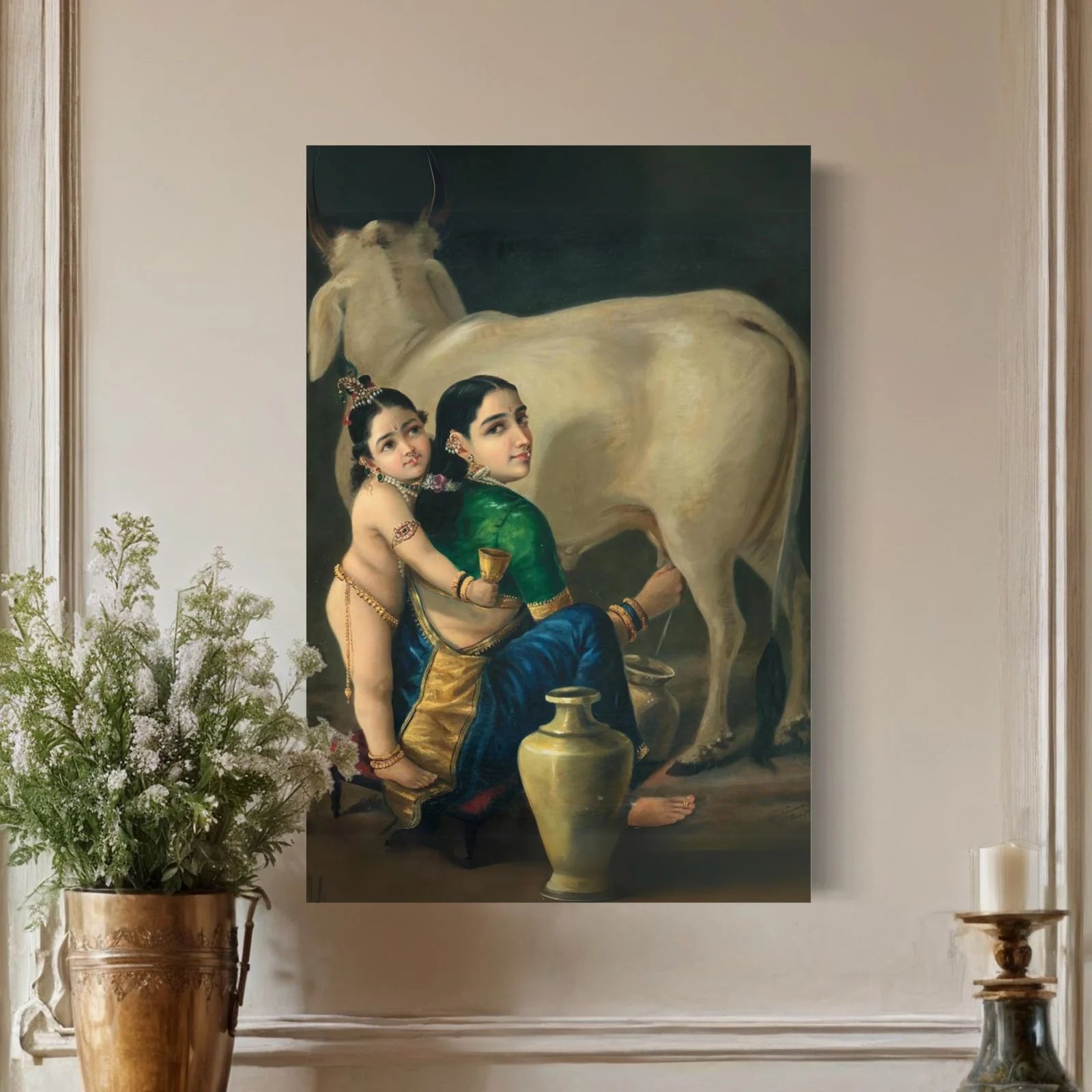 Yashoda and Krishna by Raja Ravi Varma Pre-Drawn Canvas Painting for Coloring | 12 Free Colors & Brush Included