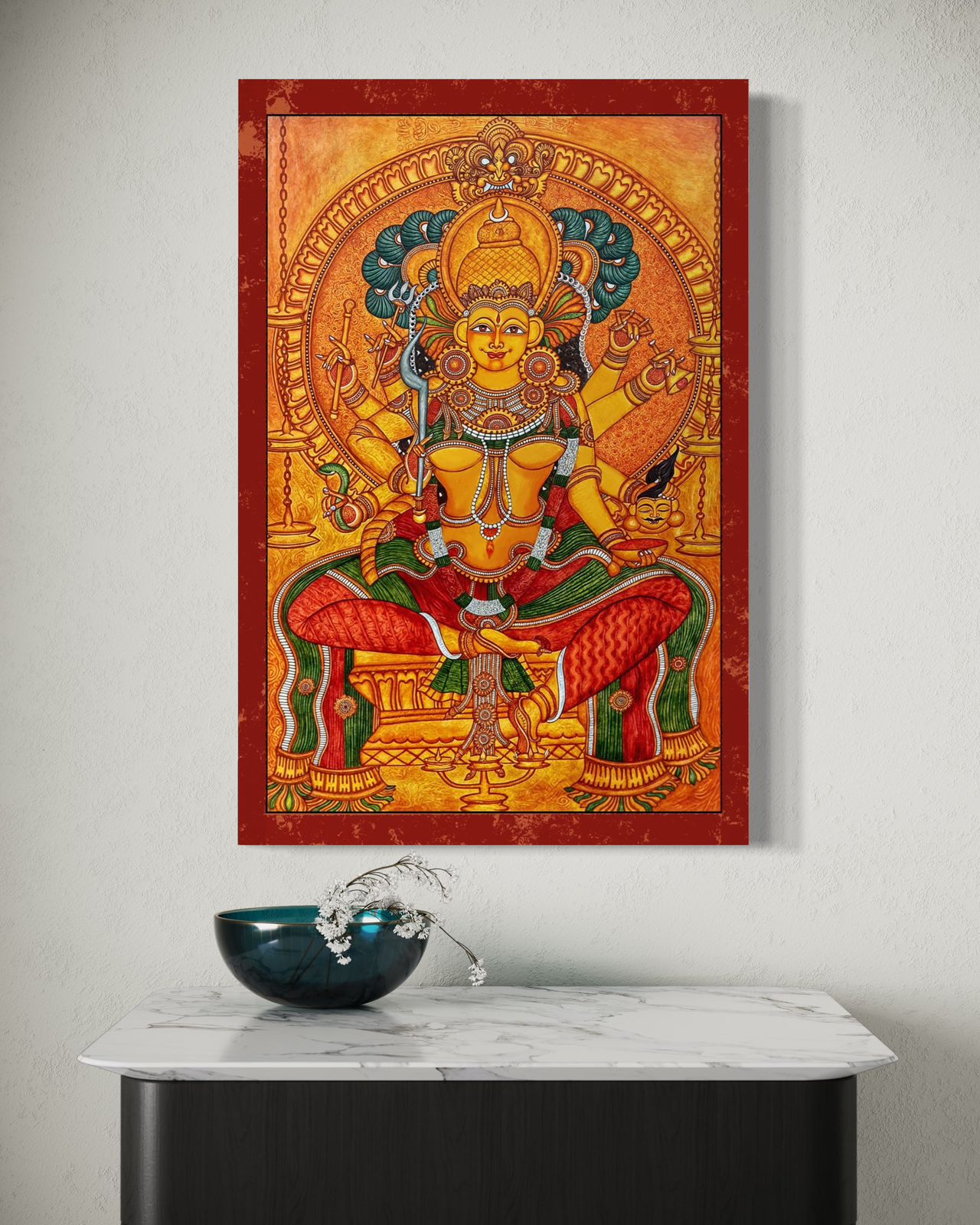 Thirumandhamkunnu Bhagavathy Kerala Mural Pre-Drawn Canvas Painting for Coloring | 12 Free Colors & Brush Included