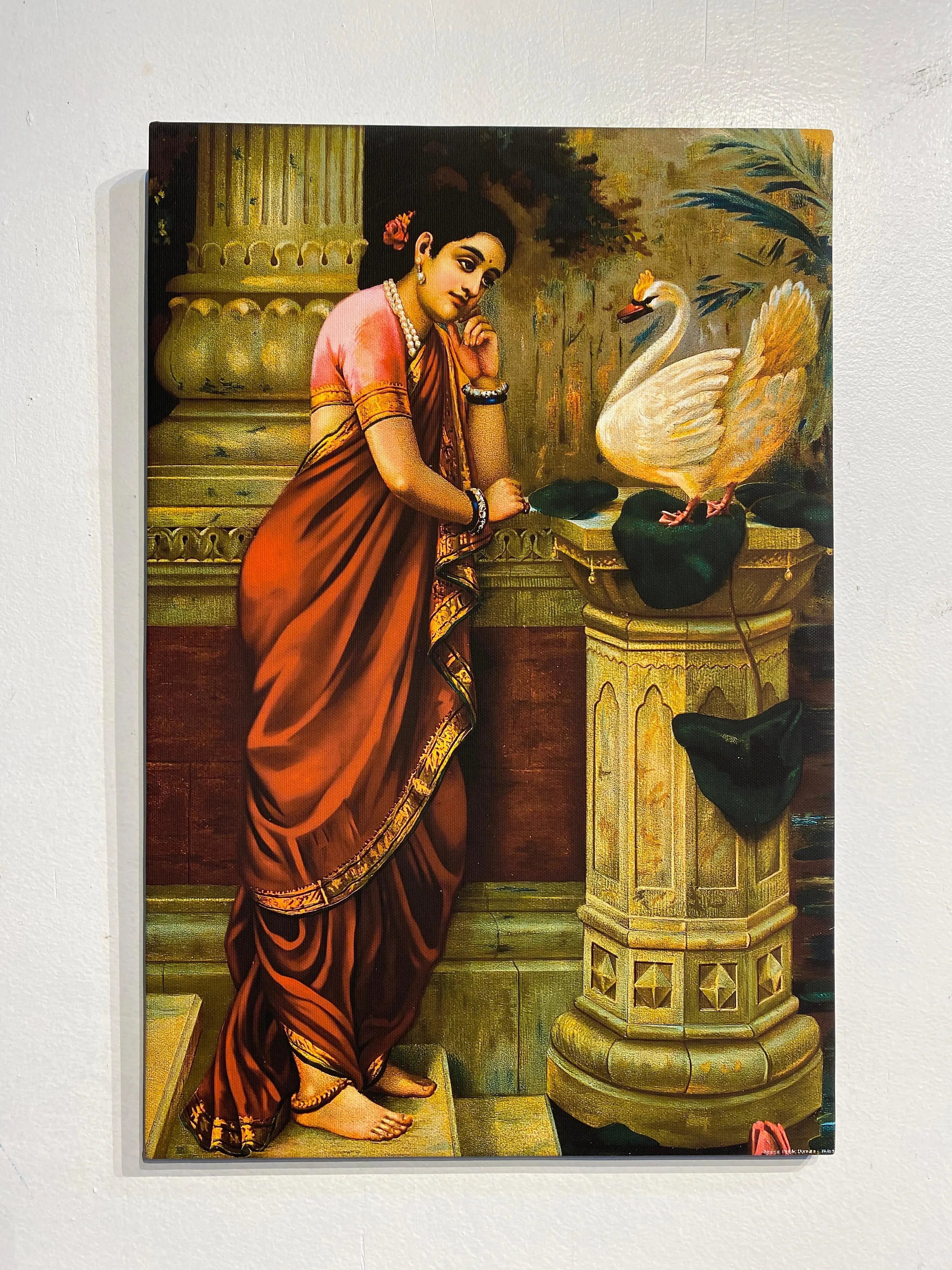 Hamsa Damayanthi by Raja Ravi Varma Pre-Drawn Canvas Painting for Coloring | 12 Free Colors & Brush Included