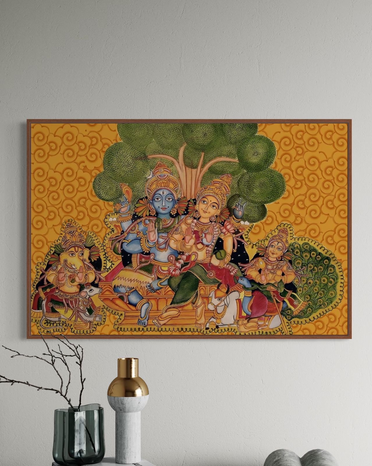 Shiva Parvati Parivar Kerala Mural Pre-Drawn Canvas Painting for Coloring | 12 Free Colors & Brush Included