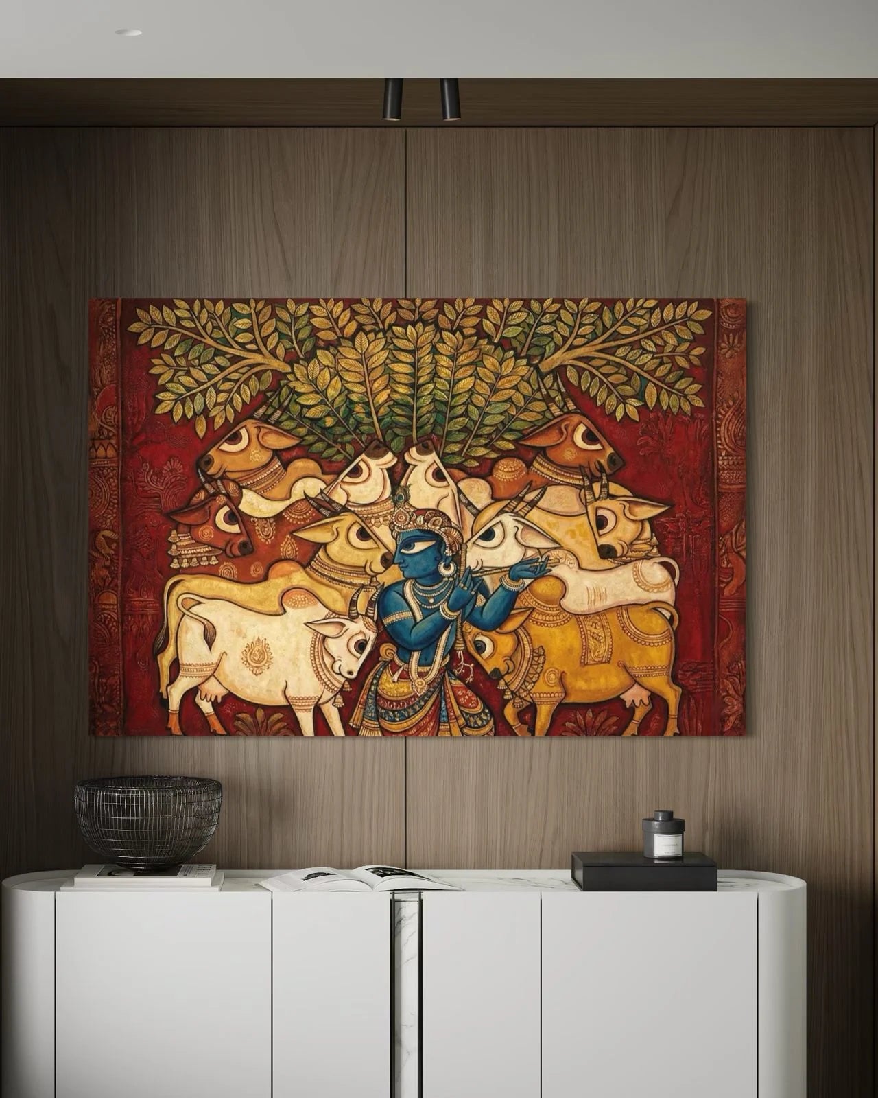Lord Krishna Surrounded By Sacred Cows Pichwai Pre-Drawn Canvas Painting for Coloring | 12 Free Colors & Brush Included