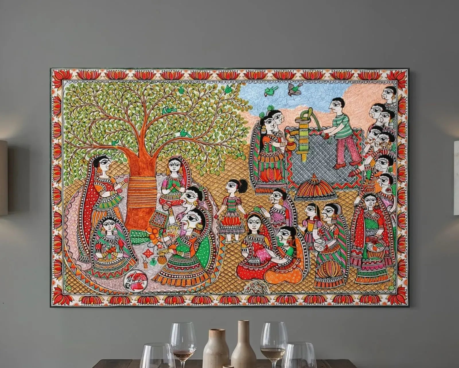Barsait Festival Celebration Madhubani Pre-Drawn Canvas Painting for Coloring | 12 Free Colors & Brush Included