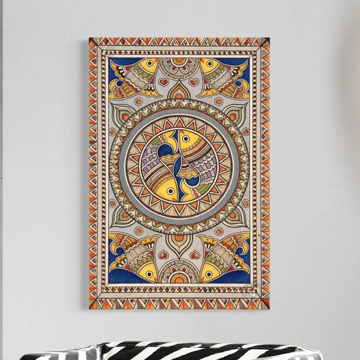 Yin Yang Fish Madhubani Pre-Drawn Canvas Painting for Coloring | 12 Free Colors & Brush Included