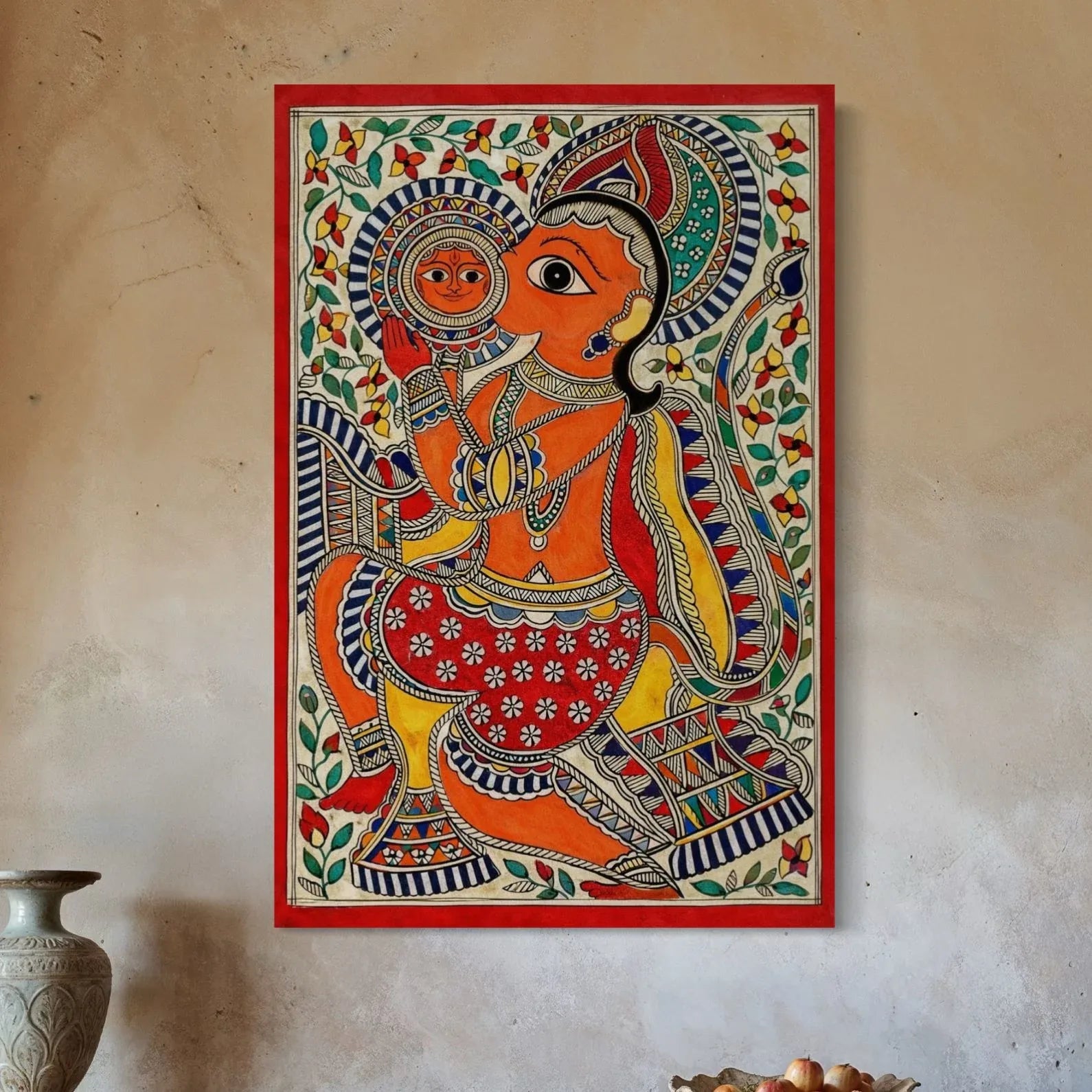 Lord Hanuman Devouring the Sun Madhubani Pre-Drawn Canvas Painting for Coloring | 12 Free Colors & Brush Included