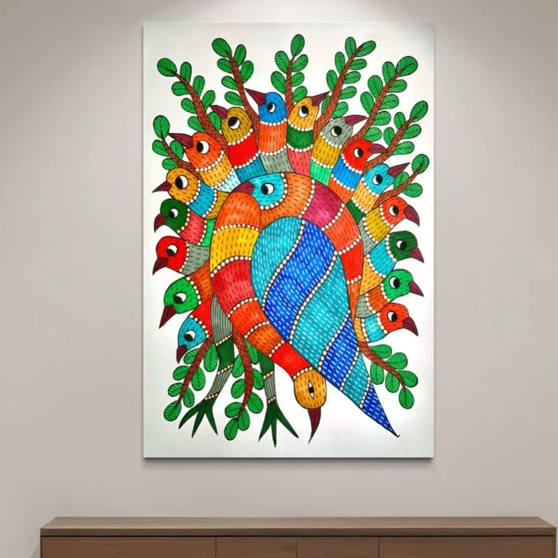 Colorful Gond Art Bird Tree Pre-Drawn Canvas Painting for Coloring | 12 Free Colors & Brush Included