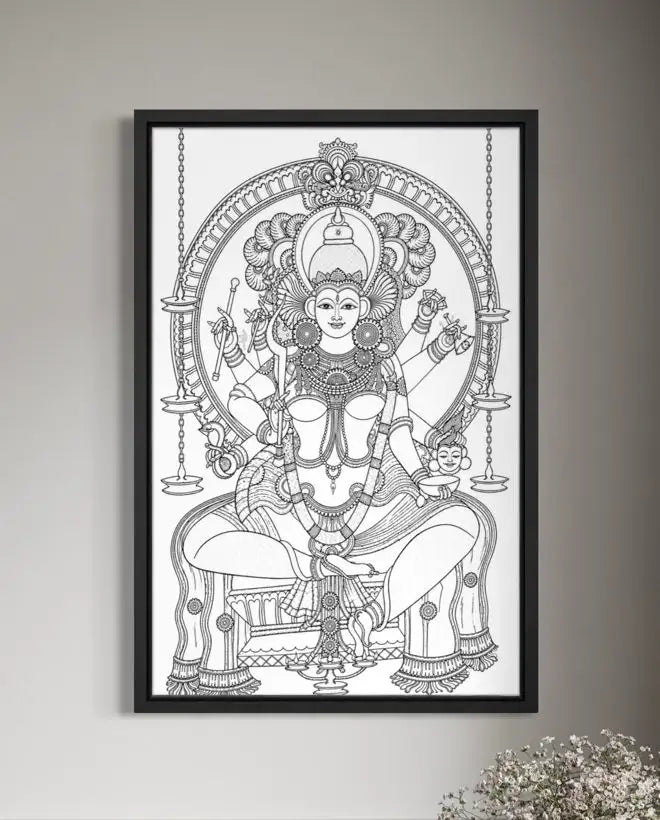 Thirumandhamkunnu Bhagavathy Kerala Mural Pre-Drawn Canvas Painting for Coloring | 12 Free Colors & Brush Included