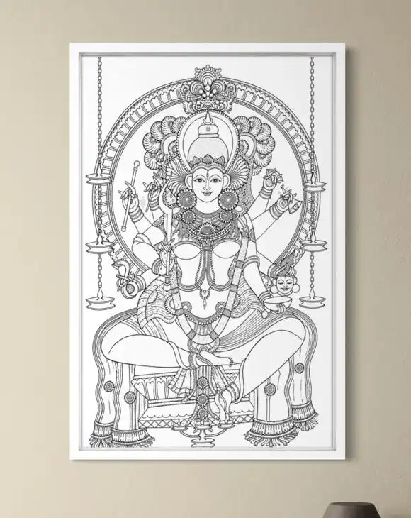 Thirumandhamkunnu Bhagavathy Kerala Mural Pre-Drawn Canvas Painting for Coloring | 12 Free Colors & Brush Included