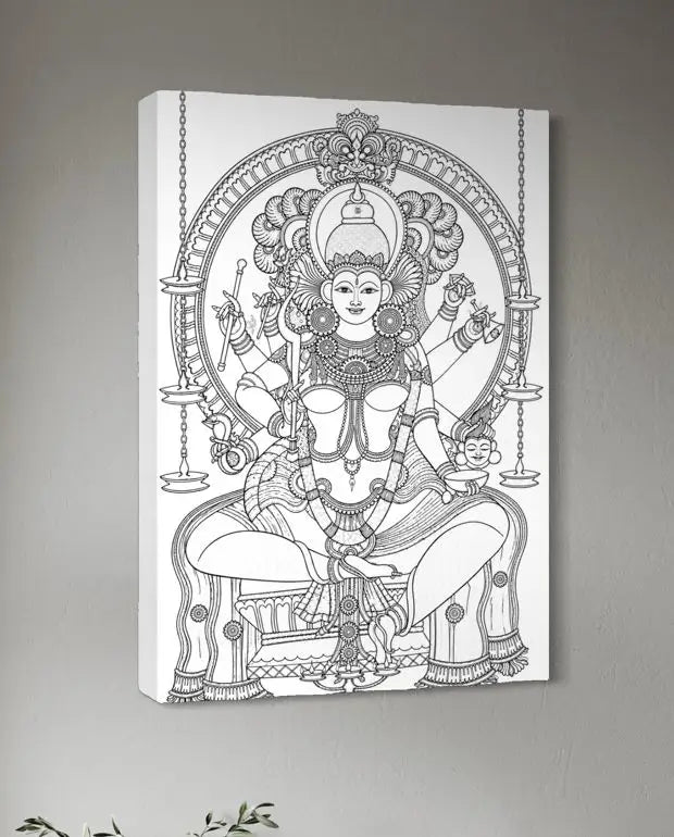 Thirumandhamkunnu Bhagavathy Kerala Mural Pre-Drawn Canvas Painting for Coloring | 12 Free Colors & Brush Included
