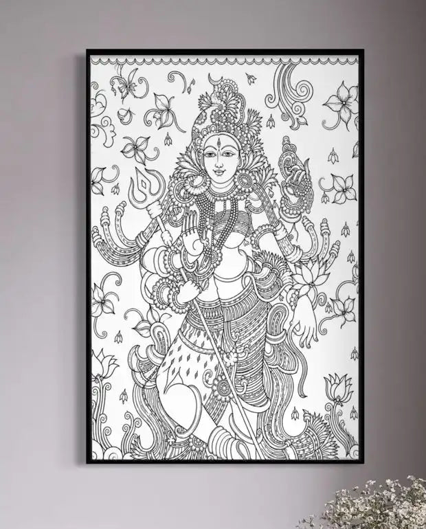 Ardhanarishvara Kerala Mural Pre-Drawn Canvas Painting for Coloring | 12 Free Colors & Brush Included