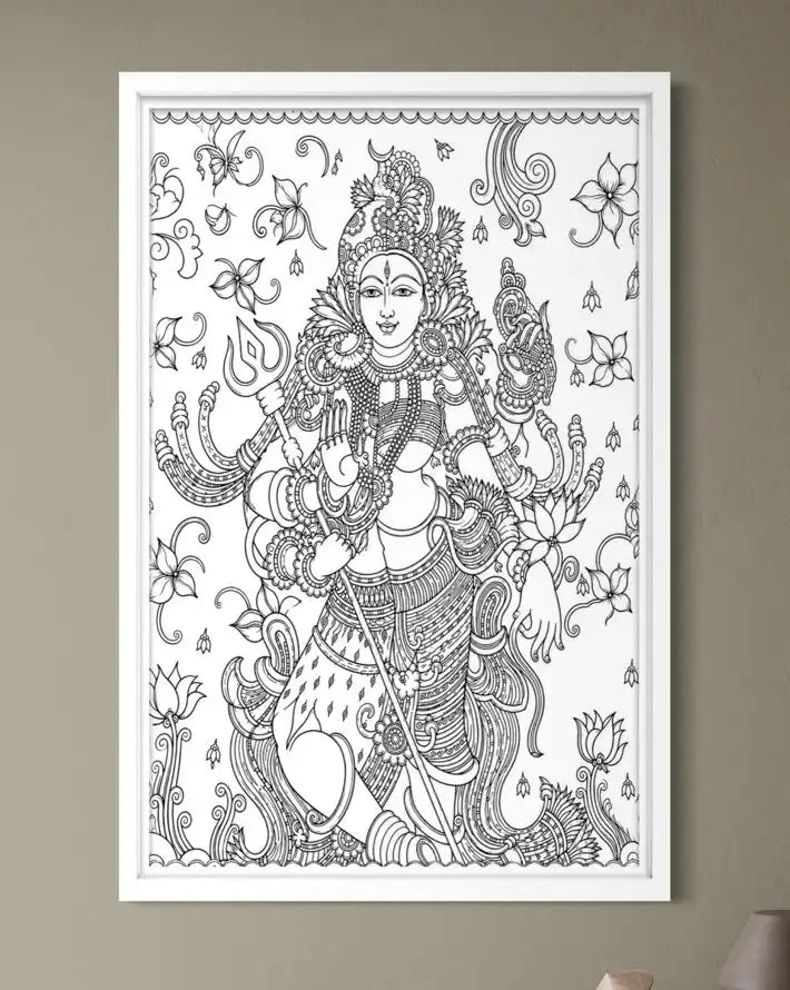 Ardhanarishvara Kerala Mural Pre-Drawn Canvas Painting for Coloring | 12 Free Colors & Brush Included