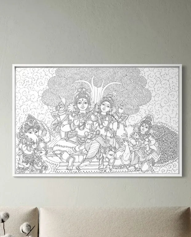 Shiva Parvati Parivar Kerala Mural Pre-Drawn Canvas Painting for Coloring | 12 Free Colors & Brush Included