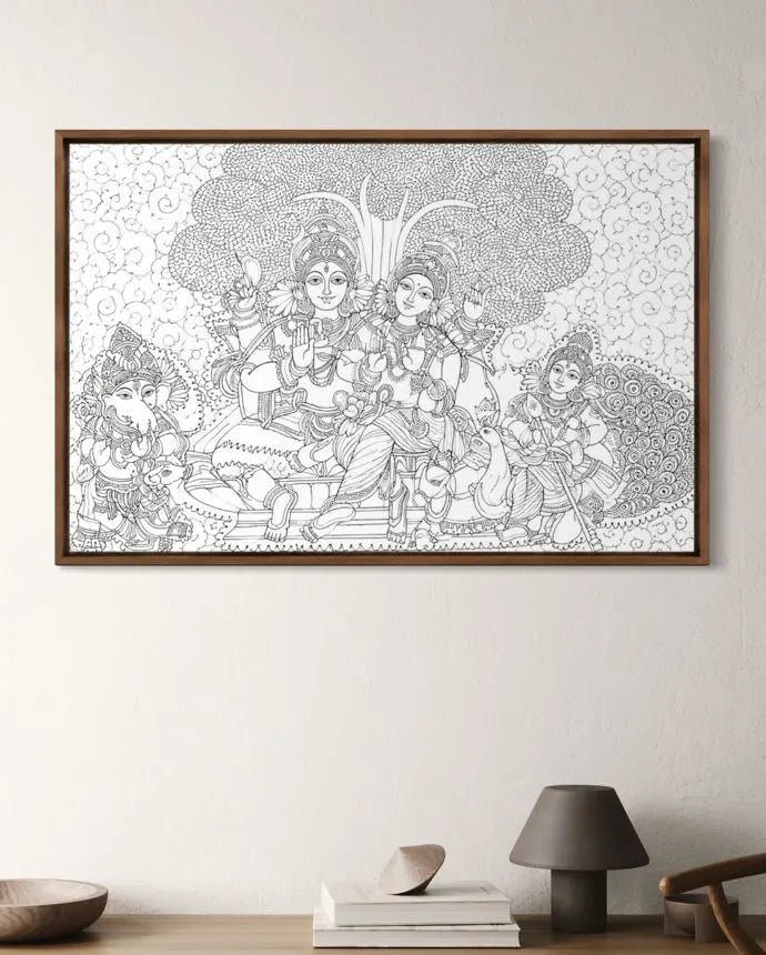 Shiva Parvati Parivar Kerala Mural Pre-Drawn Canvas Painting for Coloring | 12 Free Colors & Brush Included