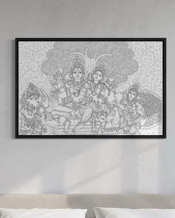 Shiva Parvati Parivar Kerala Mural Pre-Drawn Canvas Painting for Coloring | 12 Free Colors & Brush Included