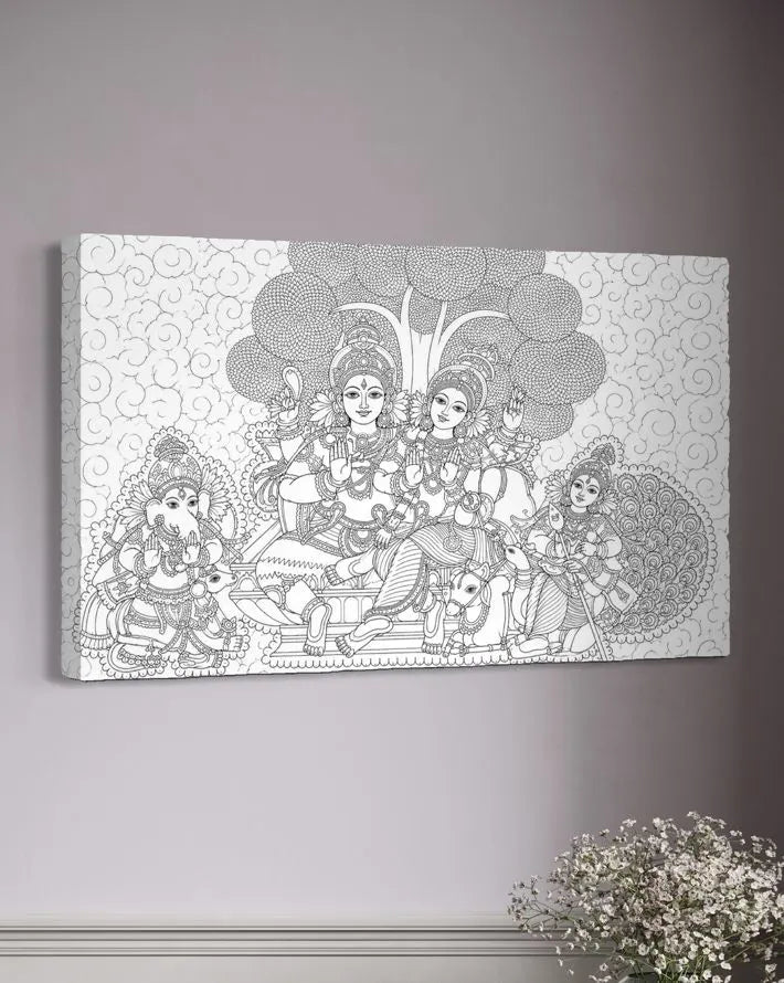 Shiva Parvati Parivar Kerala Mural Pre-Drawn Canvas Painting for Coloring | 12 Free Colors & Brush Included