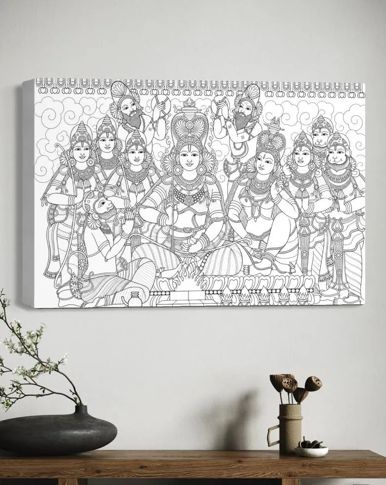 Shree Ram Darbar Kerala Mural Pre-Drawn Canvas Painting for Coloring | 12 Free Colors & Brush Included