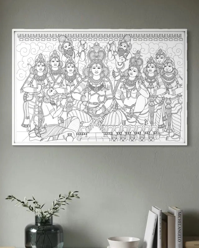 Shree Ram Darbar Kerala Mural Pre-Drawn Canvas Painting for Coloring | 12 Free Colors & Brush Included