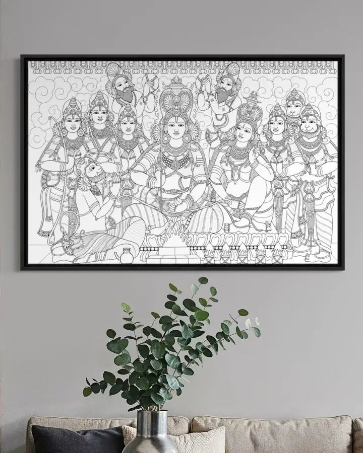 Shree Ram Darbar Kerala Mural Pre-Drawn Canvas Painting for Coloring | 12 Free Colors & Brush Included