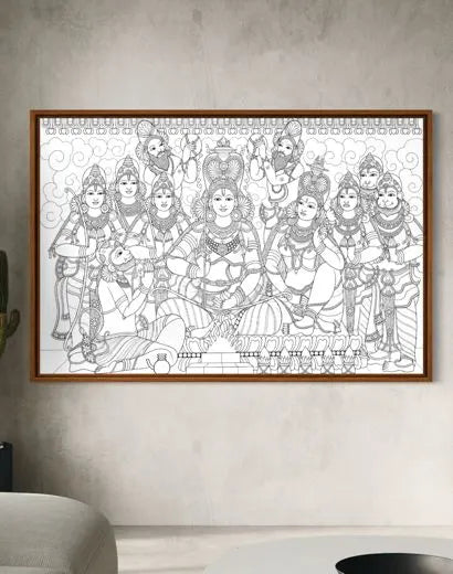 Shree Ram Darbar Kerala Mural Pre-Drawn Canvas Painting for Coloring | 12 Free Colors & Brush Included