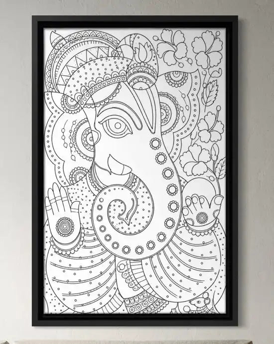 Lord Ganesha Madhubani Art Pre-Drawn Canvas Painting for Coloring | 12 Free Colors & Brush Included