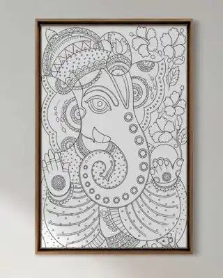 Lord Ganesha Madhubani Art Pre-Drawn Canvas Painting for Coloring | 12 Free Colors & Brush Included