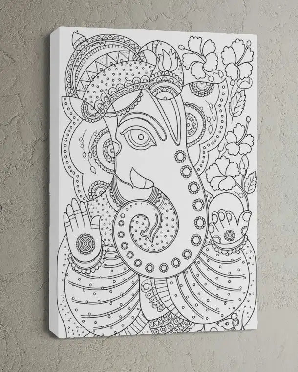 Lord Ganesha Madhubani Art Pre-Drawn Canvas Painting for Coloring | 12 Free Colors & Brush Included
