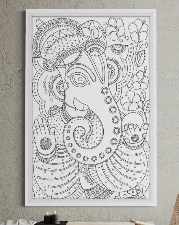 Lord Ganesha Madhubani Art Pre-Drawn Canvas Painting for Coloring | 12 Free Colors & Brush Included
