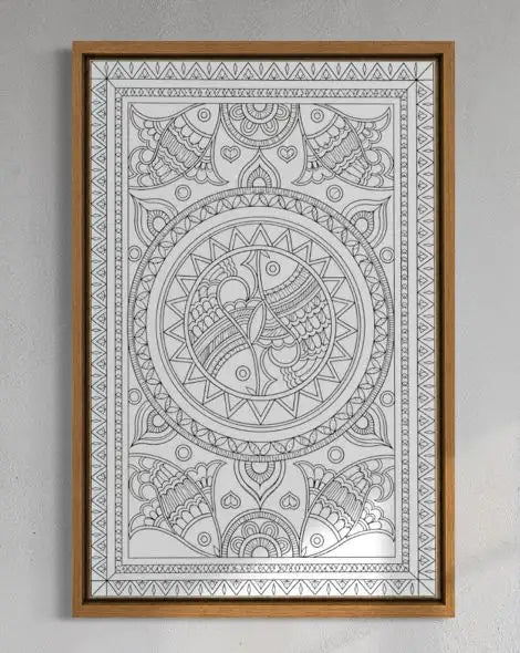 Yin Yang Fish Madhubani Pre-Drawn Canvas Painting for Coloring | 12 Free Colors & Brush Included