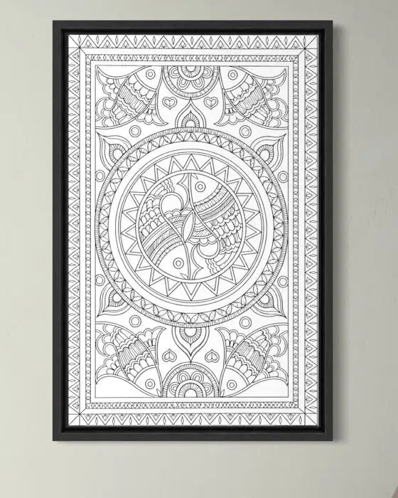 Yin Yang Fish Madhubani Pre-Drawn Canvas Painting for Coloring | 12 Free Colors & Brush Included