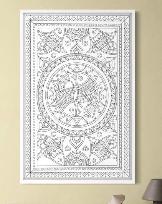 Yin Yang Fish Madhubani Pre-Drawn Canvas Painting for Coloring | 12 Free Colors & Brush Included