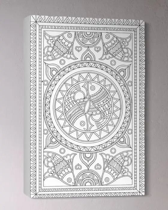 Yin Yang Fish Madhubani Pre-Drawn Canvas Painting for Coloring | 12 Free Colors & Brush Included
